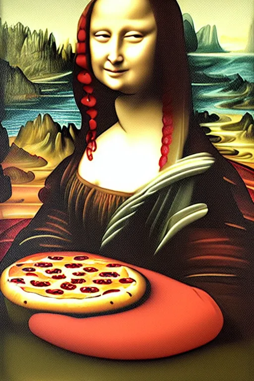 Prompt: painting of a beautiful woman holding a pizza, in the artistic style of mona lisa