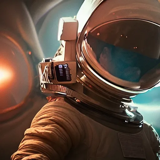 Prompt: an epic portrait of an astronaut entering multiverse of with a broken spaceship, cinematic lighting, epic