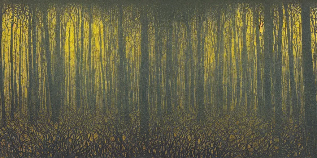 Image similar to a dark foggy golden blue forest, Tarkovsky style, eerie, pulsating , Ernst Haeckel, Klimt, Henri Rousseau