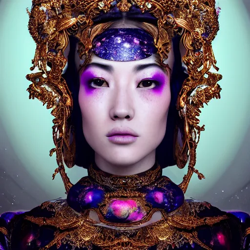 Image similar to a beautiful empress portrait, with a brilliant, impossible striking big cosmic galaxy headpiece, clothes entirely made out of cosmos chaos energy, symmetrical, dramatic studio lighting, rococo, baroque, jewels, asian, hyperrealism, closeup, D&D, fantasy, intricate, elegant, highly detailed, digital painting, artstation, octane render, 8k, concept art, matte, sharp focus, illustration, art by Artgerm and Greg Rutkowski and Alphonse Mucha