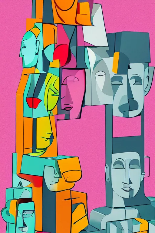 Image similar to cubist moai statue cutout digital illustration cartoon colorful beeple