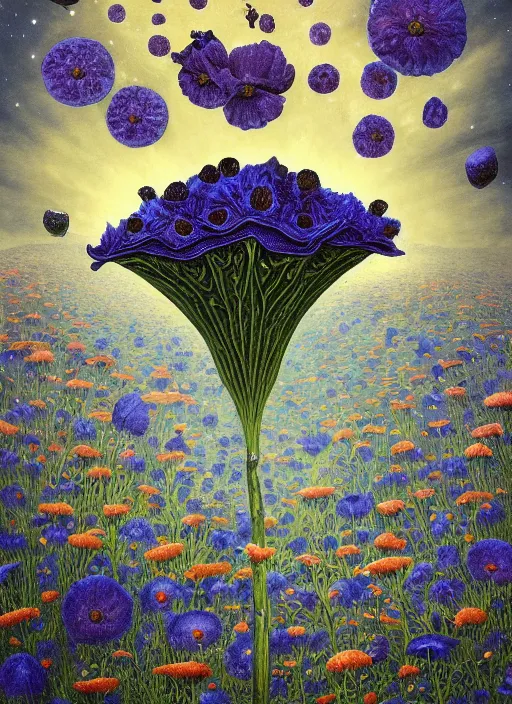 Image similar to detailed, intricate blue black and purple papaverum flower on the field, nebula, galaxy in the sky, winning award masterpiece, fantastically beautiful, illustration, aestheticly inspired, jacek yerka, upscale with anguissola sofonisba work, artstation, 8 k