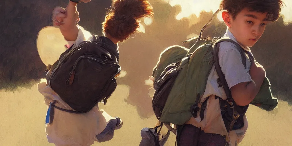 Prompt: close up portrait of young boy wearing a backpack on his way to school, highly detailed, raytracing, subsurface scattering, magic, d & d, fantasy, digital painting, artstation, concept art, cinematic lighting, illustration, art by artgerm, greg rutkowski and alphonse mucha