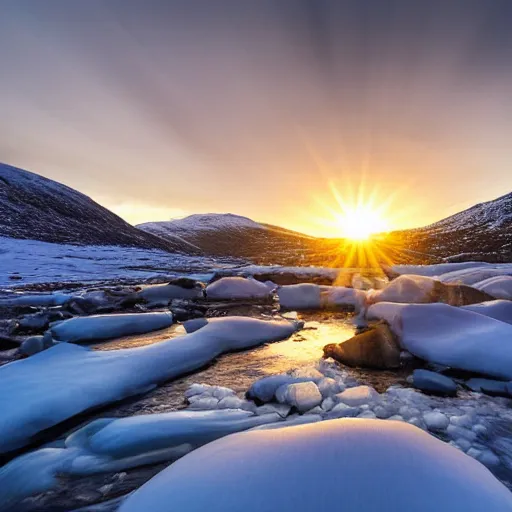 Prompt: landscape photography, golden hour, Glencoe mountain Scotland, snowy, icy stream, stag standing majestically, icicles, snow, sunrise, clear sky, wide angle
