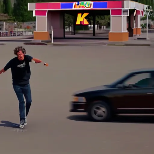 Image similar to kenny g skateboarding in a burger king parking lot, epic, cinematic, realism, ultra detailed, 8 k, film still