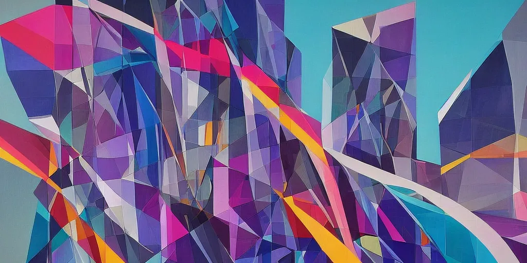 Prompt: cityscape by zaha hadid, vivid vibrant geometric art