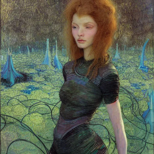 Image similar to beautiful woman in spacesuit, Martian forest, by Edgar Maxence and Ross Tran and Michael Whelan and Gustav Klimpt