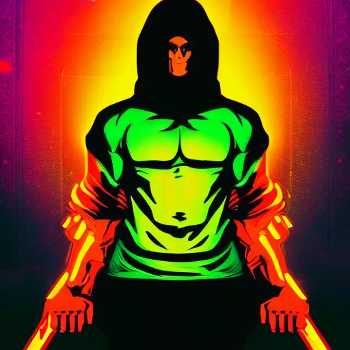 Image similar to he - man in hoodie, portrait, vaporwave, synthwave, neon, vector graphics, cinematic, volumetric lighting, f 8 aperture, cinematic eastman 5 3 8 4 film