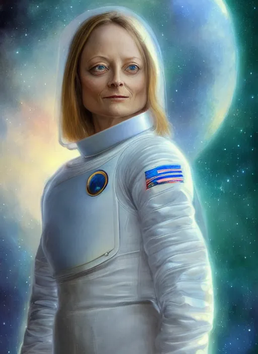 Prompt: A beautiful portrait of Jodie Foster from the movie Contact wearing a space suit, digital art by Eugene de Blaas and Ross Tran, vibrant color scheme, young woman, highly detailed, in the style of romanticism, cinematic, artstation, Greg rutkowski, mucha