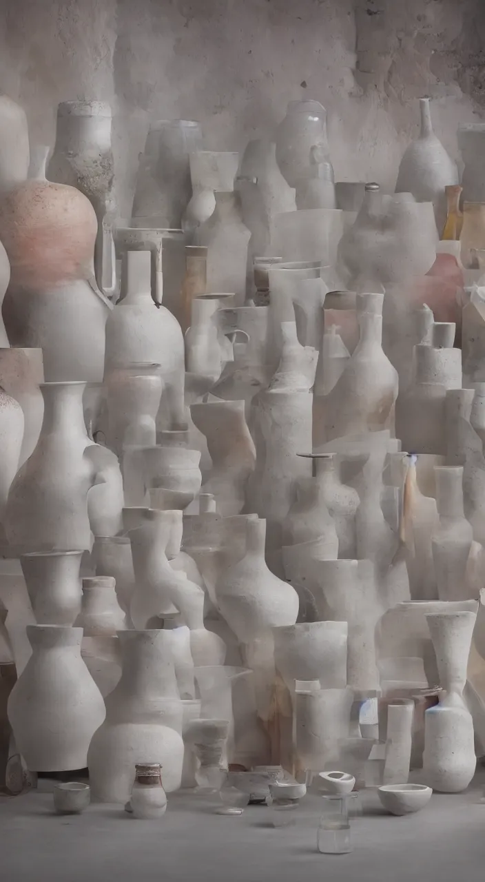 Prompt: an alchemical laboratory of vapour voices made from ceramic vessels, air flow, clay, no humans, 8 k, unreal, high resolution, vivid colours,