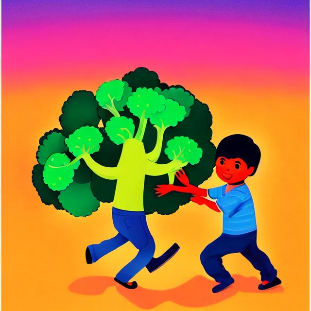 Image similar to professional kids book illustration of a South Indian !toddler! boy pulling a friendly anthropomorphic (broccoli) out of the ground, best on artstation,, astonishing, impressive, outstanding, cheerful, stunning, masterpiece by Eric Carle.