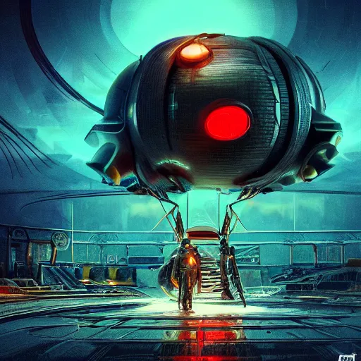 Image similar to concept art, retro - futurist steampunk pilot, airship hangar, imperious, octane render, artstation, dramatic neon lighting, glowing imperial motifs, eerie, mysterious, red turquoise accents, bladerunner, by gerald brom, james jean, syd mead, akihiko yoshida, cinematic w 1 0 2 4