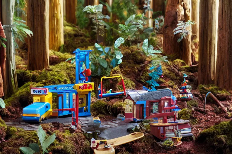 Image similar to fisher price redwood forest, california scene from tv show hyper detailed 5 5 mm 8 5 mm, toy photography, made out of plastic