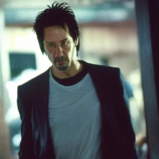 Prompt: “Keanu Reeves in fight club movie, Extremely detailed. 8k, vas, old movie”