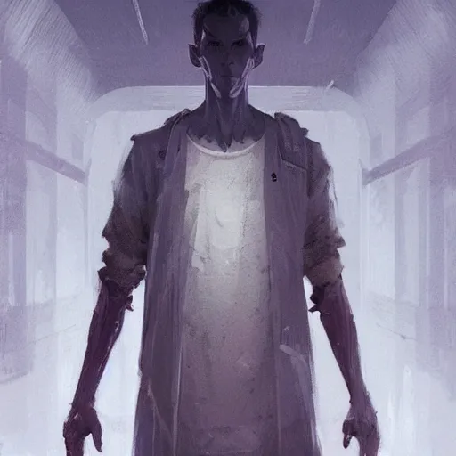 Image similar to concept art by greg rutkowski, a very tall and slender young man, dressed in patient clothes and an open sweatshirt, wandering through a desolate futuristic hospital, dimly lit, frightening, scifi, highly detailed portrait, digital painting, artstation, concept art, smooth, sharp foccus ilustration, artstation hq