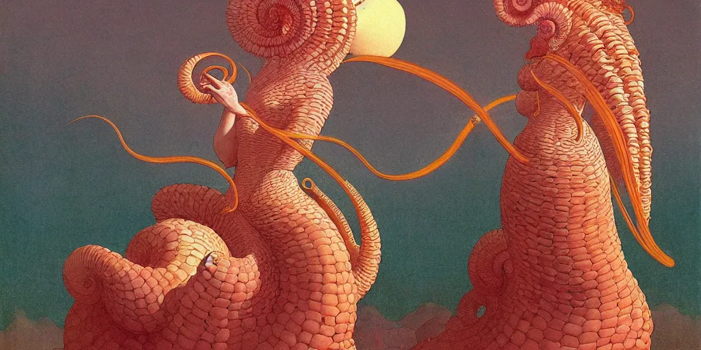 Image similar to portrait of the ammonite sorceress clad in coral armor exacts revenge, by kawase hasui, dorothea tanning, moebius, edward hopper and james gilleard, aivazovsky, zdzislaw beksinski, steven outram colorful flat surreal design