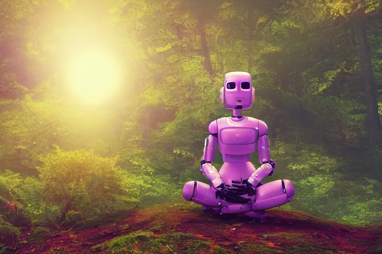 Image similar to a cute robot girl meditating in the forest, astral, synthwave, realism, 8 k