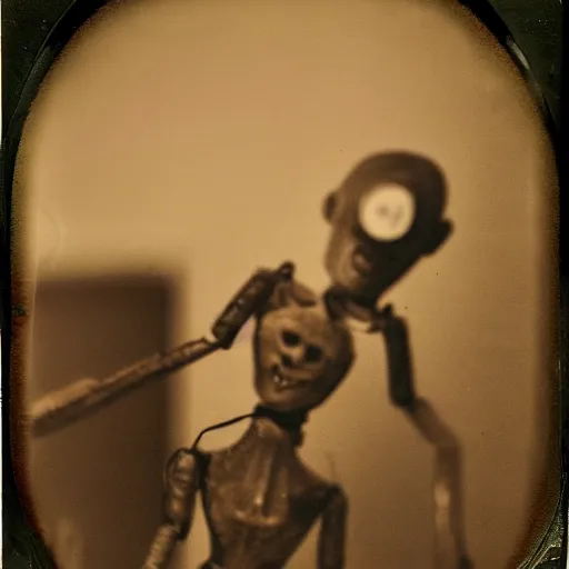 Image similar to female, creepy marionette puppet, horrific, unnerving, clockwork horror, pediophobia, lost photograph, dark, forgotten, final photo found before disaster, human laying unconscious in the background, polaroid,