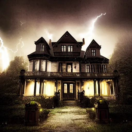 Image similar to a real photo of a horror mansion, in a lighting storm, portrait, 4 k, 8 0 mm, higly detailed, cinematic,