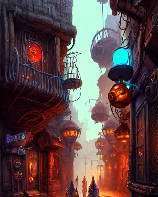 Image similar to street view of an otherworldly alley in the planescape city named sigil, crowded, beautiful digital painting in the style of wlop, volumetric lightning, intricate details, ultra realistic, by art germ, by gerard brom, steampunk, fantasypunk, deep colors, amazing d & d art, trending cgsociety, artstation, sharp