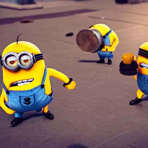 Prompt: a bar fight full of minions attacking each other with banana, crisp details, 8k unreal engine 5 render