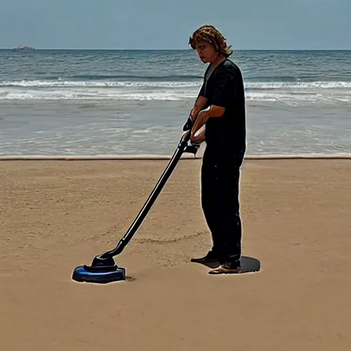 Image similar to anakin skywalker vacuuming the sand on a beach