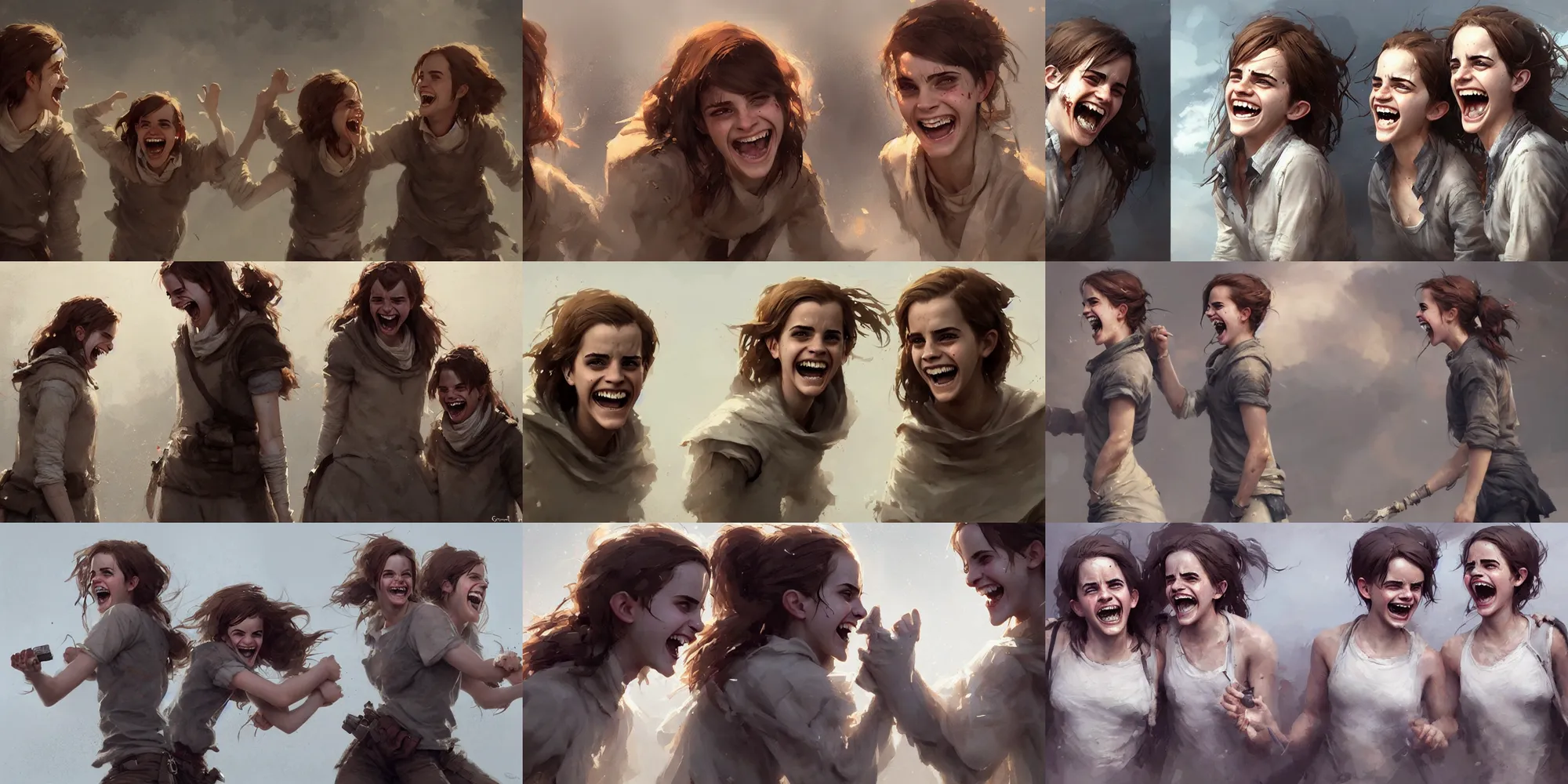 Prompt: emma watson identical twins laughing greg rutkowski!!! canon eos