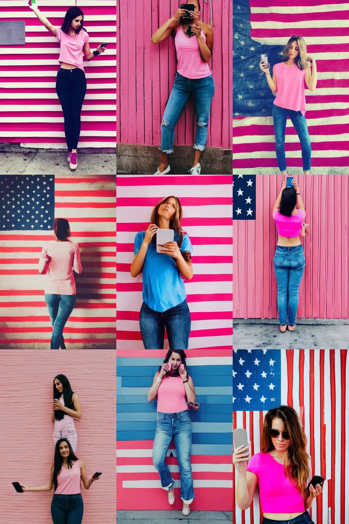 Prompt: a woman in a pink top holding up a cell phone in front of an american flag wall with her hand on her hip and a phone in her other hand, a picture by isabel naftel, instagram, superflat, full body, sensual, colorful