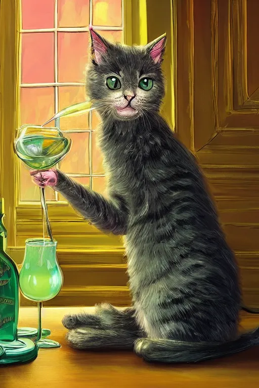 Prompt: a cute cat drinkng absinthe in Paris, vivid colors, high details, cinematic, 8k resolution, beautiful detailed, photorealistic, digital painting, artstation, concept art, smooth, sharp focus, illustration, fantasy background, artstation trending, octane render, unreal engine