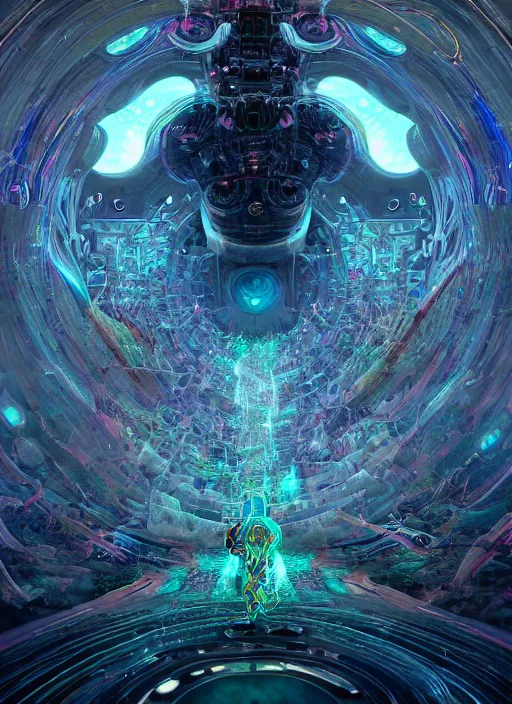 Image similar to a machine god in the machine universe encounters a living being organic cosmos inside an asymmetric orthogonal non - euclidean upside down inside out world with an infinite cosmic spiral waterfall of living information, inspired by android jones and beeple and carne griffiths, hyperrealistic, extreme detail, digital art, concept art, rendered in cinema 4 d, cryengine 8 k