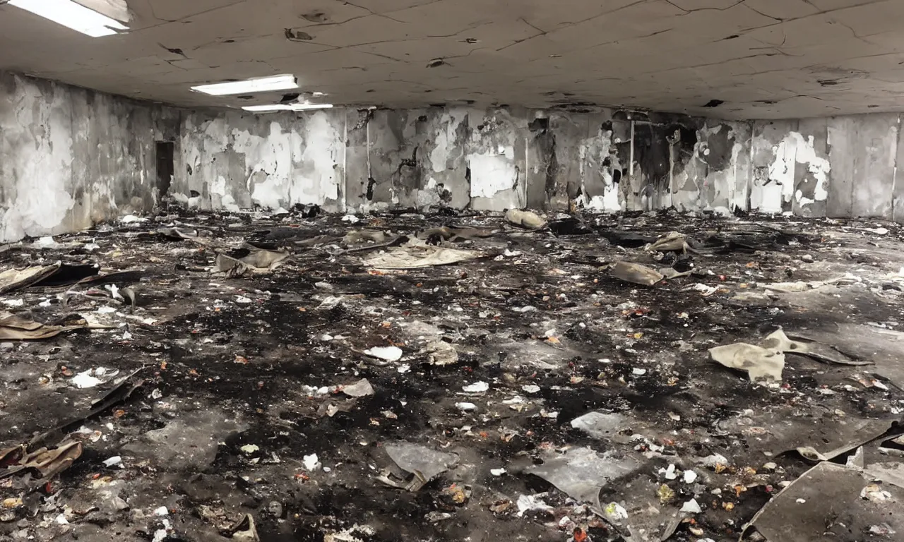 Image similar to backrooms abandoned mall, moldy walls and garbage on fire