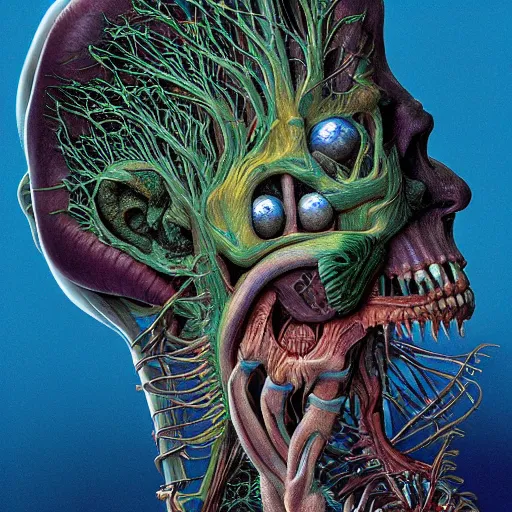 Image similar to nightmare etherreal iridescent vascular nerve bundles pearlescent spinal chord horror by naoto hattori, zdzislaw, norman rockwell, studio ghibli, anatomical cutaway