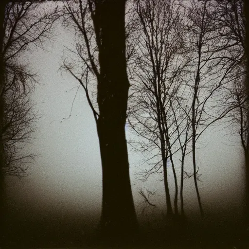 Prompt: taken using a film camera with 35mm expired film, bright camera flash enabled, cloudy sky with moon visible behind, slightly foggy, dark trees in the distance, award winning photograph, creepy, liminal space,