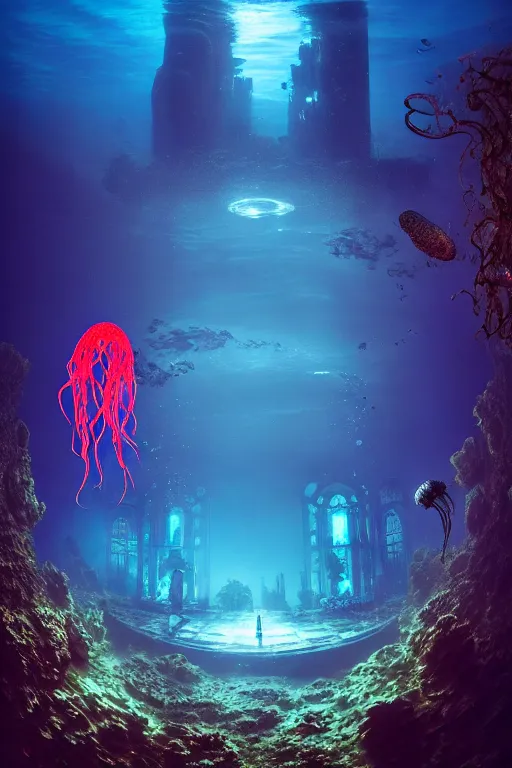 Image similar to high quality photo of cinematic underwater dystopian cyber - gothic cathedral ruins with giant bioluminescent colorful mutant plants and cyborg jellyfish, digital art masterpiece, aykut aydogdu eric zener, dramatic volumetric light, extreme long shot, ground angle uhd 8 k, sharp focus