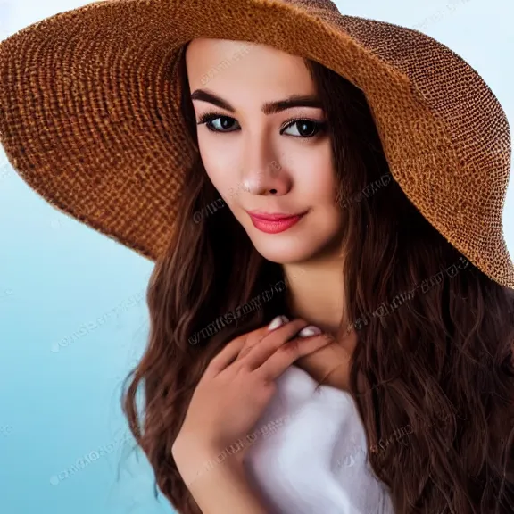 Prompt: portrait of 2 5 - year - old social media profil woman oval pretty brazil style face with angle 9 0 ° centred looking away breading fresh air, strong spirit and look between serious and happy, caracter with brown hat, background soft blue