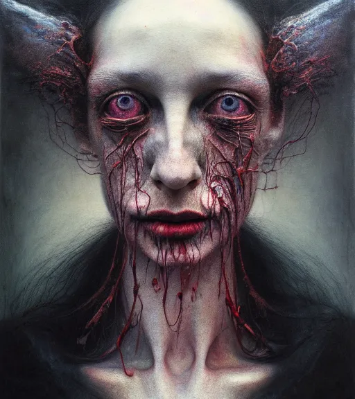 Image similar to portrait, stranger psycho by eugene von bruenchenhein, peter lindbergh, sam spratt, michael page, alyssa monks, julie heffernan, glenn brown, naoto hattori, brian froud, nicola samori, paolo roversi, kilart, 8 k, hyper detailed, hyper realism, acrylic paint, surrealism, smooth, sharp focus.