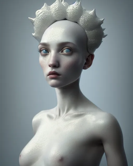 Prompt: dreamy, monochrome, subsurface scattering, white, young beautiful goddess - robot in cosmos, octane render, dino valls, mark ryden, joe fenton, michal karcz, highly detailed, rim light, art, cinematic lighting, very coherent, hyper realism, 8 k