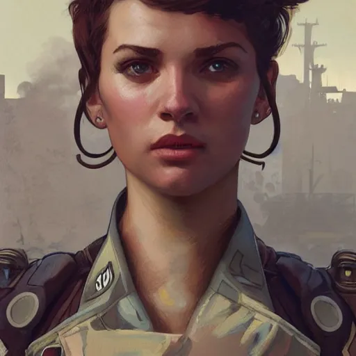 Image similar to Alexandra Jordan as a soldier character in Fallout 4, gorgeous, beautiful, intricate, highly detailed, digital painting, artstation, oppressive lighting, concept art, sharp focus, illustration, art by greg rutkowski and alphonse mucha