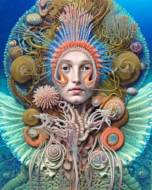 Image similar to hyperrealistic detailed underwater face portrait of the beautiful goddess of the fish skeletons with an intricate headgear of corals, sea kelp, sea plants, fish, starfish, jellyfish, art by ernst haeckel, john william godward, android jones, alphonso mucha, h. r. giger, gothic - cyberpunk, ornamental, beautiful deep colours,
