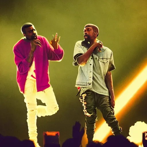 Prompt: a photo of kanye west and kid cudi performing in the middle of a garden, dramatic, ektachrome, vintage, wide angle, warm color palette, light mode, 2. 5 - dimensional, 1 6 k, ultra - hd, megapixel, cga, rays of shimmering light, mist, screen space reflections