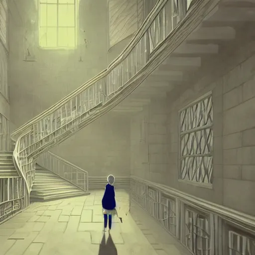 Image similar to a woman made of slime in a bright white hallway with many doors and many stairs, Mc Escher architecture, epic composition, by Makoto Shinkai