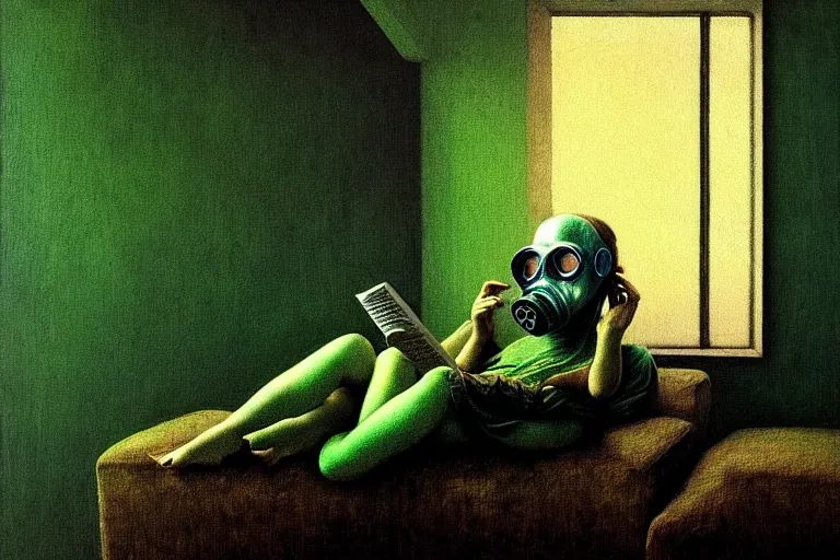 Prompt: hyperrealistic girl wearing a gas mask lying on the sofa reading a book in her room, in the style of beksinski, solarpunk, exact anatomy, atmospheric, clean, intricate and epic composition, green by caravaggio, insanely quality, highly detailed, masterpiece, blue light, artstation, 4 k