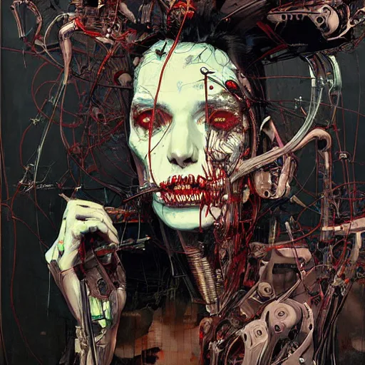 Image similar to a cyberpunk noir detective, skulls, wires cybernetic implants, machine noir grimcore, in the style of adrian ghenie esao andrews jenny saville surrealism dark art by james jean takato yamamoto and by ashley wood and mike mignola