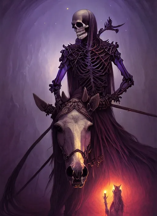 Prompt: portrait of skeleton necromancer and his horse horse, purple palette, cave landscape, fantasy magic, dark light night, intricate, elegant, sharp focus, illustration, highly detailed, digital painting, concept art, matte, art by wlop and artgerm and greg rutkowski and alphonse mucha, masterpiece