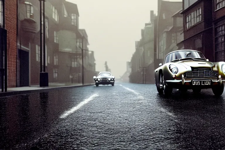 Prompt: a wholesome animation key shot of!! one!! focused!! aston martin db 5!!, dynamic, on a wet london street, raining, wide shot, studio ghibli, pixar and disney animation, sharp, very detailed, high resolution, rendered in unreal engine 5, anime key art by greg rutkowski, dull atmospheric lighting