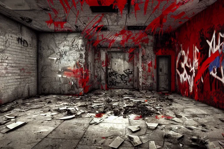 Prompt: Manhunt 3 asylum level concept art, 4k, photorealistic, hd, decrepit walls, falling tiles, graffiti, gritty, splash of dark red near an unconscious person