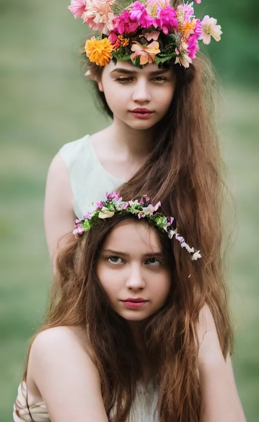 Image similar to portrait of a beautiful young girl with flowers in her hair, beautiful composition, modern color palette, 50mm f1.8, ambient light,