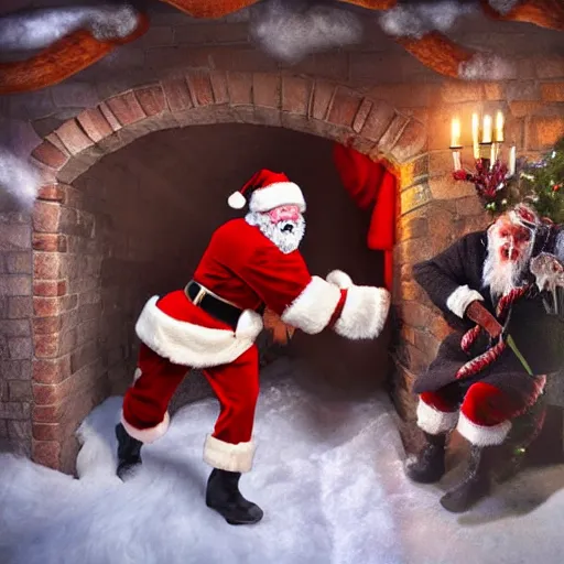 Image similar to Santa Claus squeezing into a chimney while being chased by Krampus