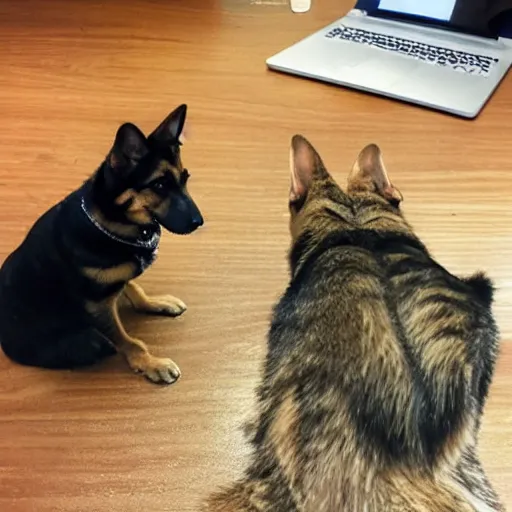 Prompt: my tabby helping my GSD write an email to list grievances about not getting enough treats, they are very serious, serious business