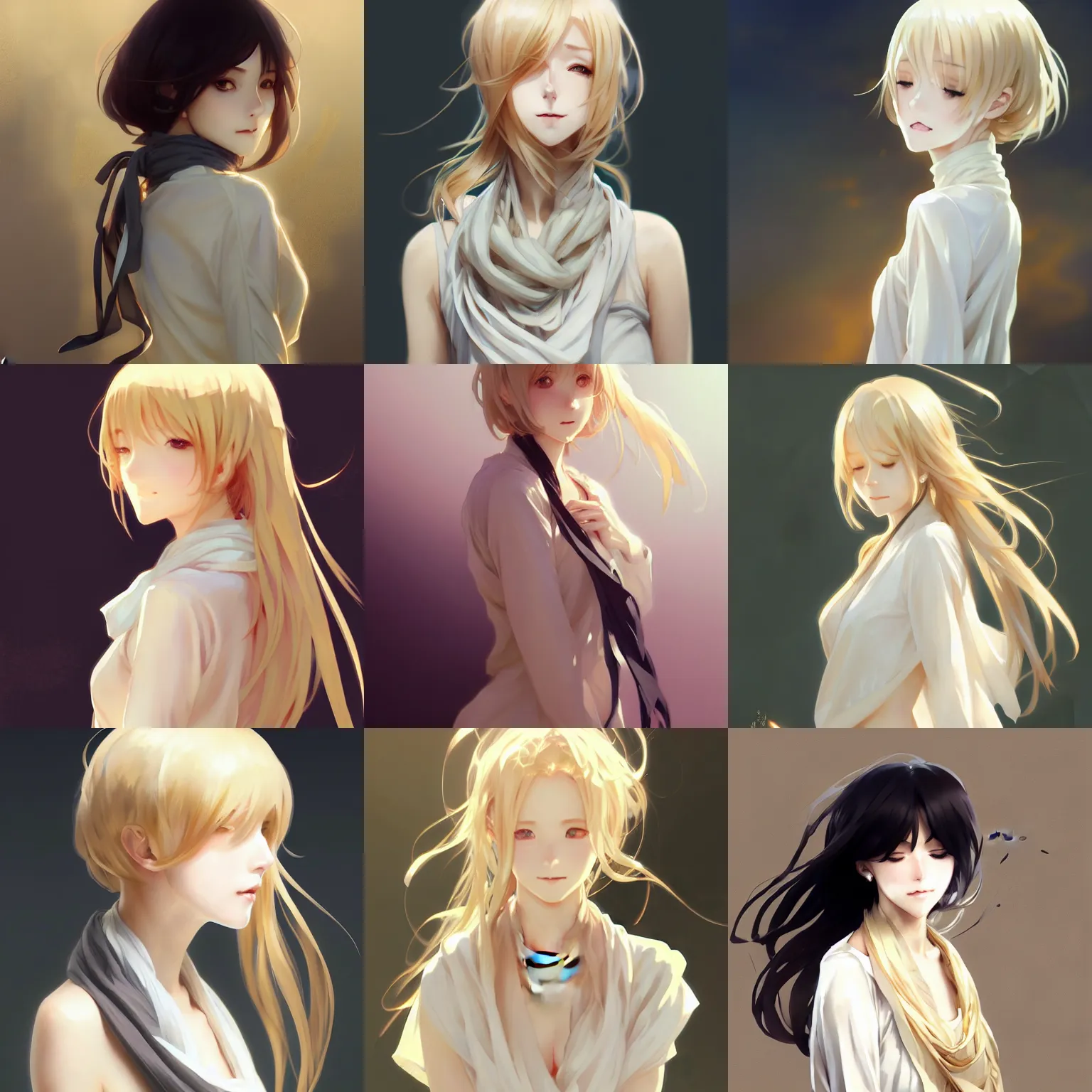 Prompt: anime girl, light gold hair, splendid contemporary white dress, black scarf, body portrait, slight smile, windy, highly detailed, digital painting, artstation, pixiv, concept art, sketch, sharp focus, illustration, art by WLOP and greg rutkowski and alphonse mucha and artgerm and yanjun chen